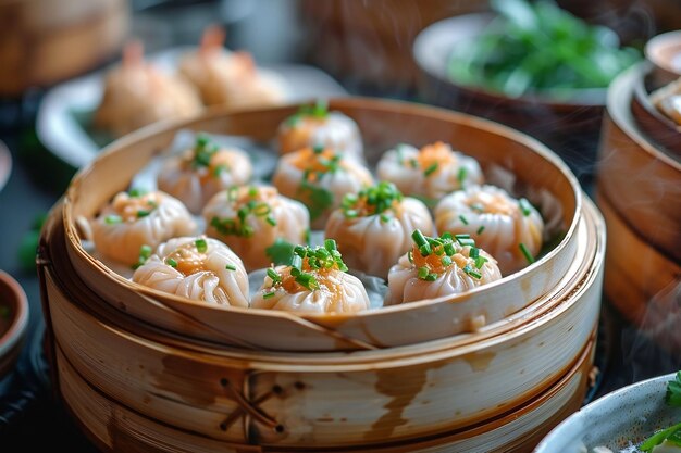 divers boulettes à la vapeur chinoises dans un vapeur en bambou dans un restaurant chinois