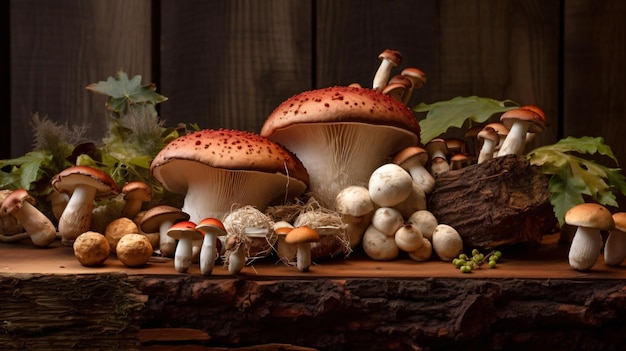 divers champignons forestiers frais sur une planche en bois