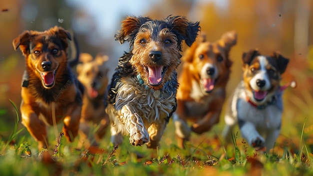 Divers chiens métis courent joyeusement autour d'un parc avec de l'herbe verte photo réaliste