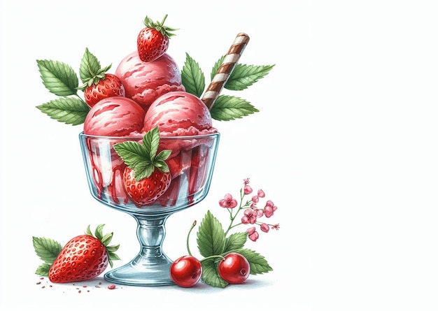 Divers cônes de crème glacée à la fraise colorés peinture à l'aquarelle concept d'été de style clipart
