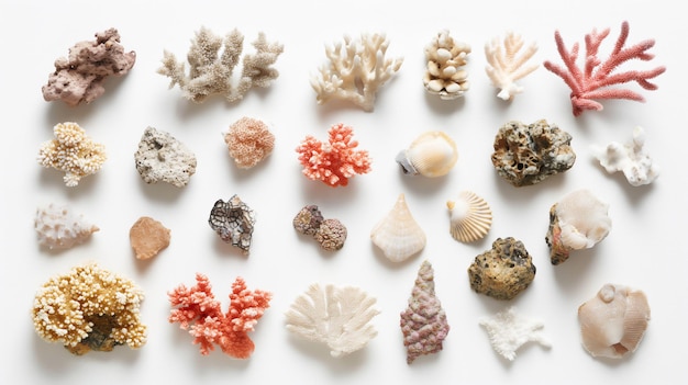 Divers coraux et coquillages disposés sur un fond blanc mettant en valeur un spectre de biodiversité marine
