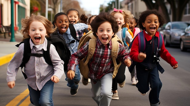 Divers enfants courant avec des sacs à dos ai génératif