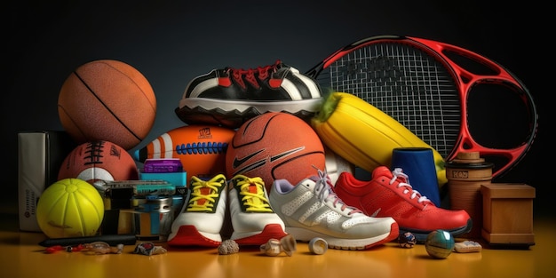 Divers équipements de sport et de nombreux accessoires différents fond IA générative