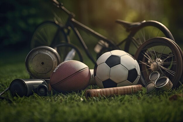 Divers équipements sportifs sur l'herbe générés par l'IA