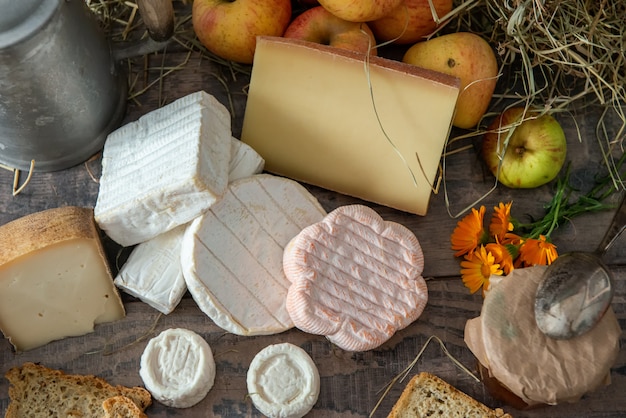 Divers fromages français et pommes biologiques sur paille