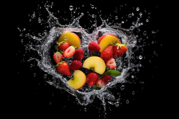 Divers fruits en forme de coeur avec des éclaboussures d'eau Fruits sains riches en vitamines Ai générative