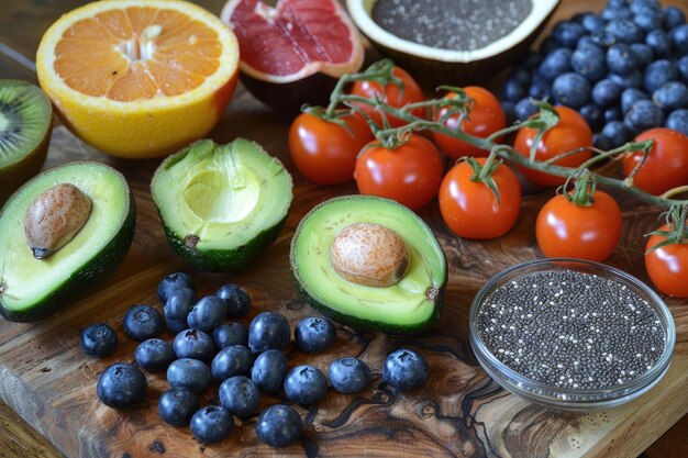 Photo divers fruits et légumes dans des bols sur la table