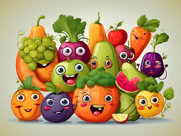 Divers fruits et légumes joyeux avec des yeux Personnages drôles mignons