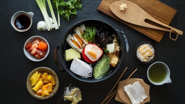 Divers ingrédients de la casserole chaude de shabu avec sauce