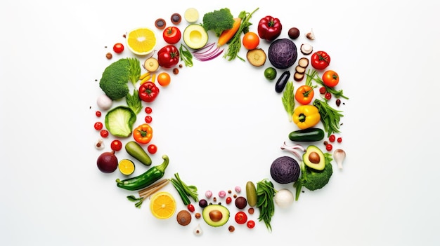 Photo divers légumes et aliments sains en cercle sur fond blanc