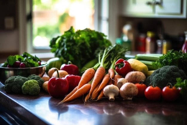 Divers légumes sur le comptoir de la cuisine générés par l'IA