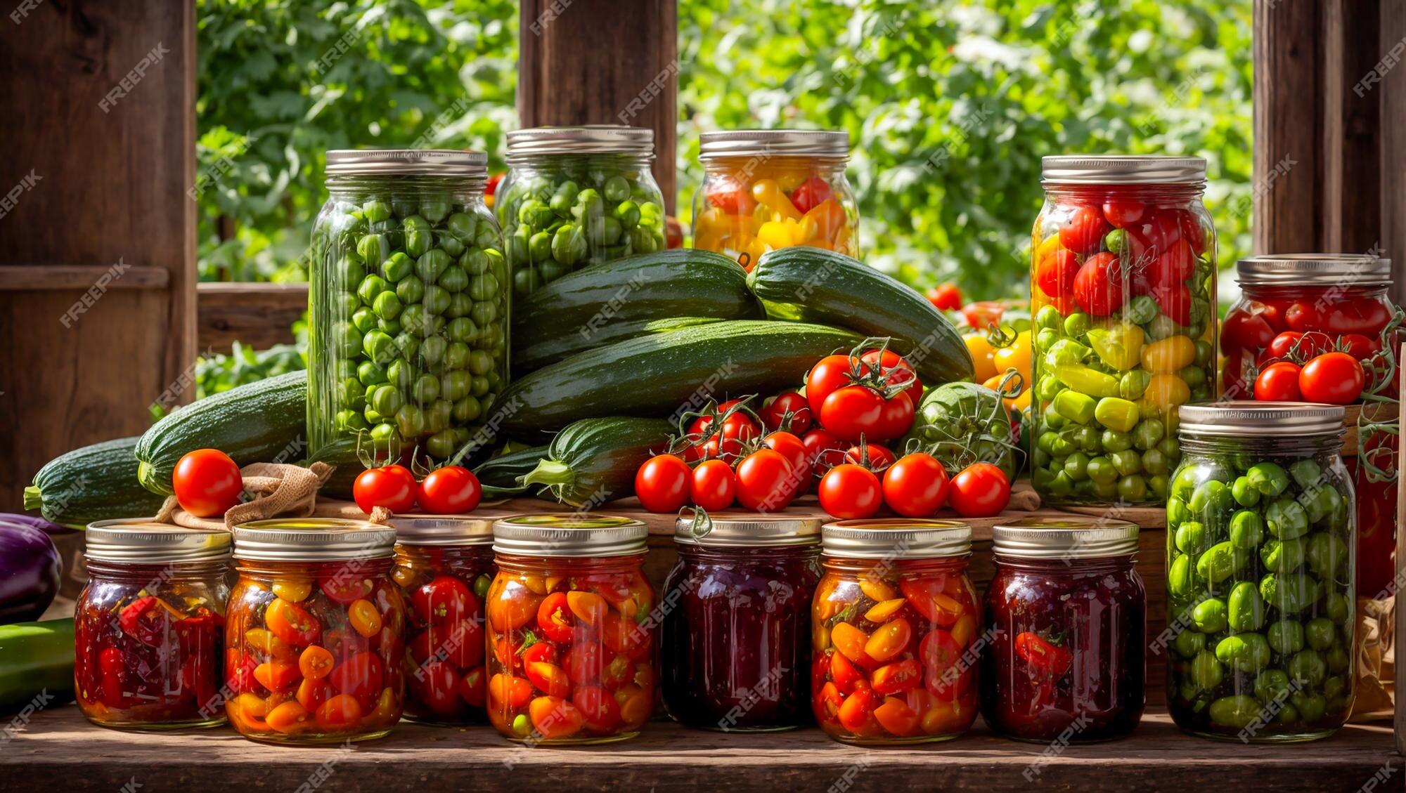 Divers Légumes En Conserve Dans Des Bocaux En Verre Sur Fond De