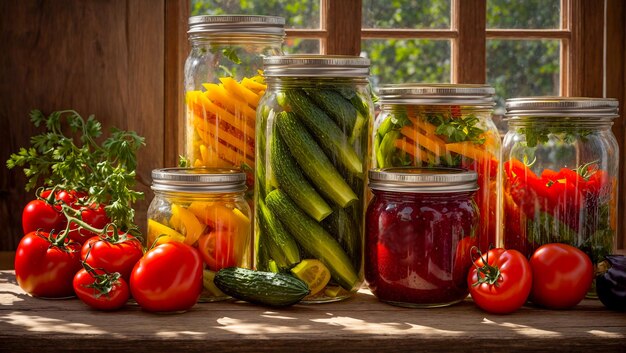 Divers légumes en conserve dans des bocaux en verre sur fond de cuisine