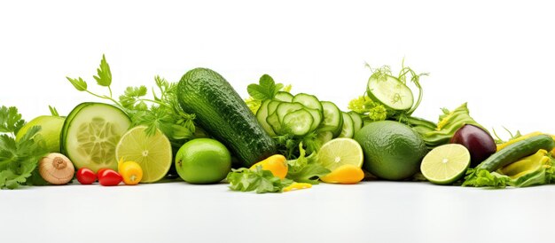 Divers légumes et fruits frais assortis de verdure nourriture saine sur fond blanc Générer de l'IA