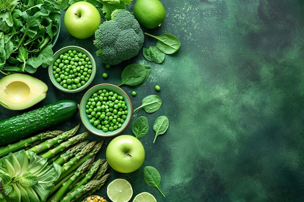 Divers légumes et fruits verts sur fond sombre