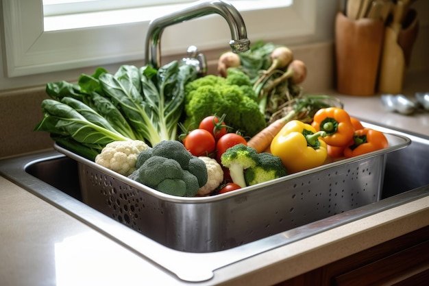 Divers légumes à laver dans l'évier AI Generated