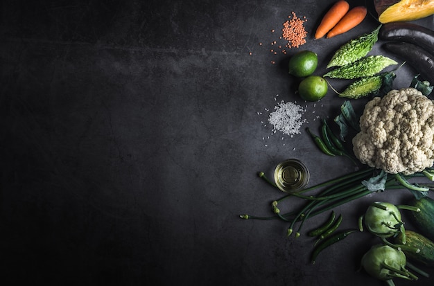 Divers légumes sur une table noire avec un espace pour écrire un message