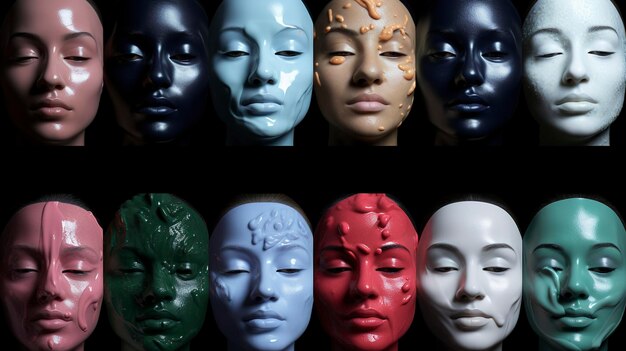 Divers masques faciaux représentant la beauté multiculturelle sur un fond sombre