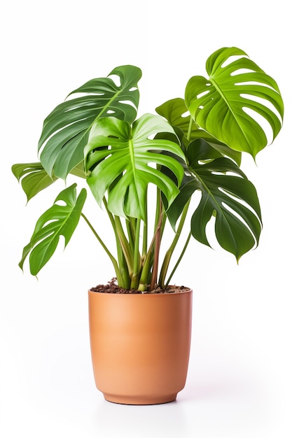 Divers Monstera en pot en terre cuite isolé sur fond blanc