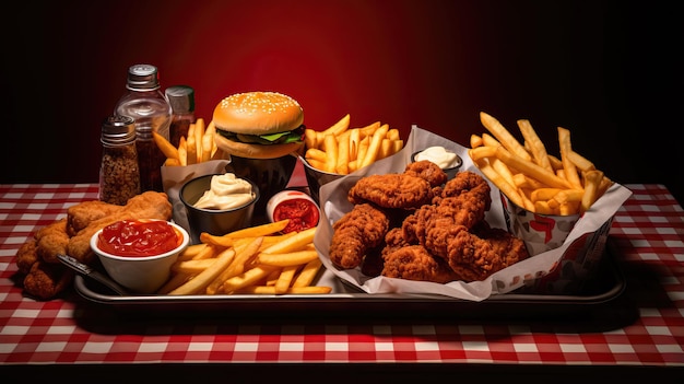 Divers plats de restauration rapide avec du poulet frit sur une table