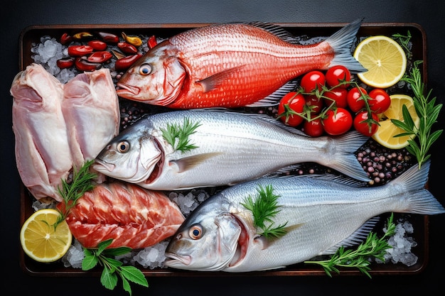 Divers poissons et fruits de mer argentés vue de haut