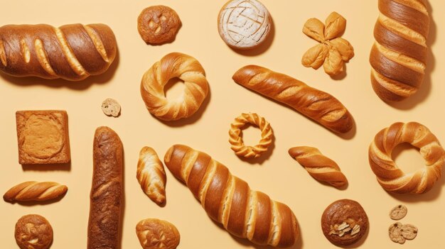 Divers produits de boulangerie faits à la main sur fond beige Conception créative avec des pains croissants