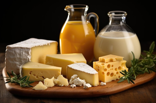 Divers produits laitiers fromage à la crème au lait sur une planche à couper en bois