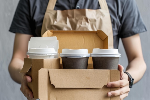 Divers récipients à emporter, tasses à café, boîtes à pizza, livreur.