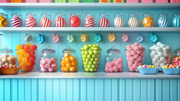Photo divers types de bonbons remplissent les étagères des pots du magasin.