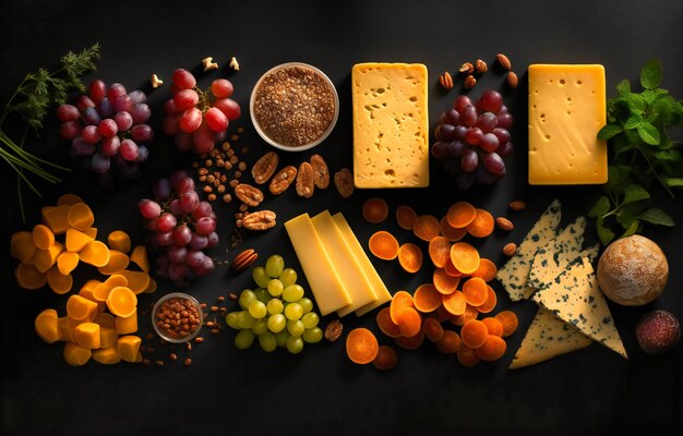 divers types de fromage, de raisins, de pommes de terre et d'autres ingrédients