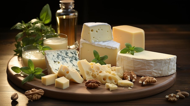 divers types de fromages et autres produits sur une table en bois