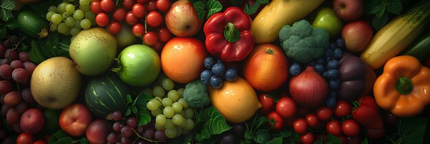 Divers types de fruits et légumes frais et colorés répartis sur l'ensemble de l'image contient