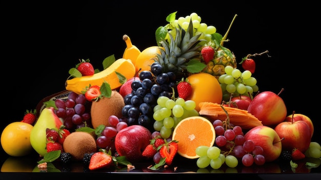 Divers types de fruits mélangés sur un fond noir