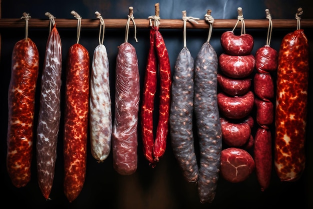 Divers types de saucisses fumées et de viandes fumées et cuites à vendre Une large gamme de produits à base de viande Saucisse maison sur fond sombre