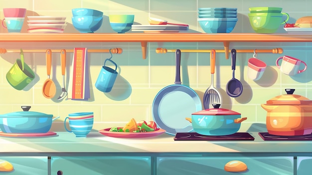 Divers ustensiles de cuisine et de nourriture Illustration moderne avec des poêles à poêle, des assiettes, des tasses et de la nourriture dans des bols en verre et en céramique