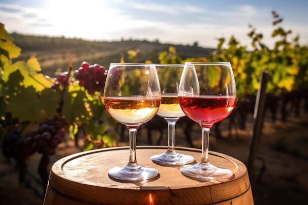 Divers verres de vin sur un tonneau en bois dans un vignoble