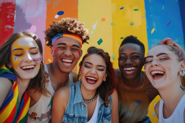 Photo diverse group celebrates lgbt pride with friends outdoors