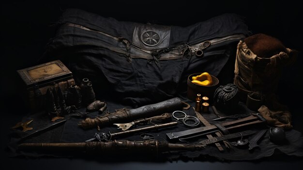 Photo diverses armes et outils dans une couverture noire