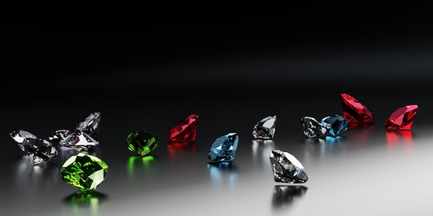 Diverses coupes de diamants de couleur saphirs et émeraudes sur fond noir