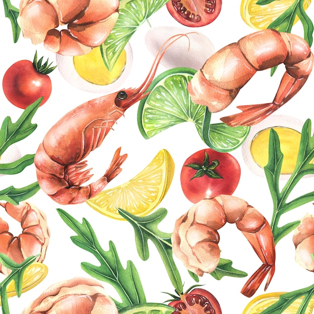 Diverses crevettes bouillies avec roquette citron citron vert tomates cerises oeufs Illustration aquarelle Modèle sans couture sur fond blanc de la collection Crevettes Pour la conception et la conception