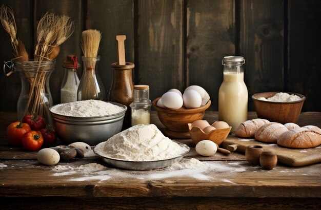 Diverses épices et ingrédients pour cuisiner sur fond de bois