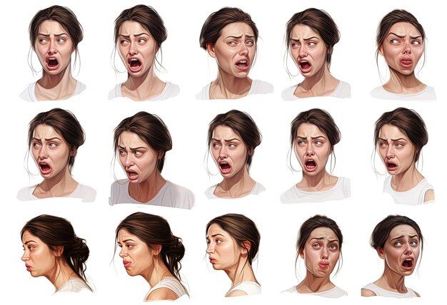 Photo diverses expressions d'un visage féminin avec le visage isolé sur blanc dans le style de dimitry roulland
