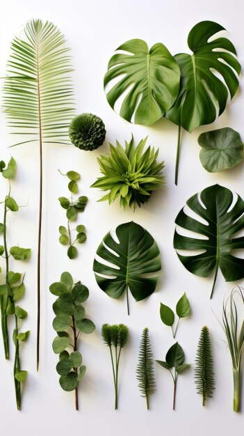 Diverses feuilles et plantes tropicales sur un fond blanc