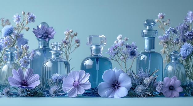 diverses fleurs bleues et des bouteilles de parfum