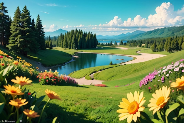 diverses fleurs sur l'herbe verte et les montagnes au loin sont des nuages blancs du ciel bleu