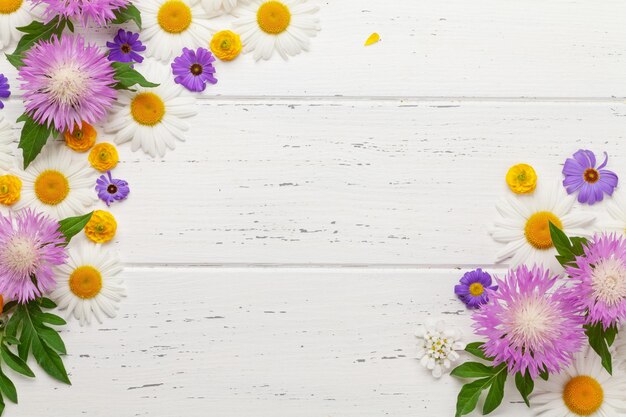 Diverses fleurs de jardin colorées sur fond de bois