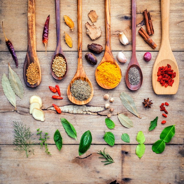 Diverses herbes et épices dans des cuillères en bois.