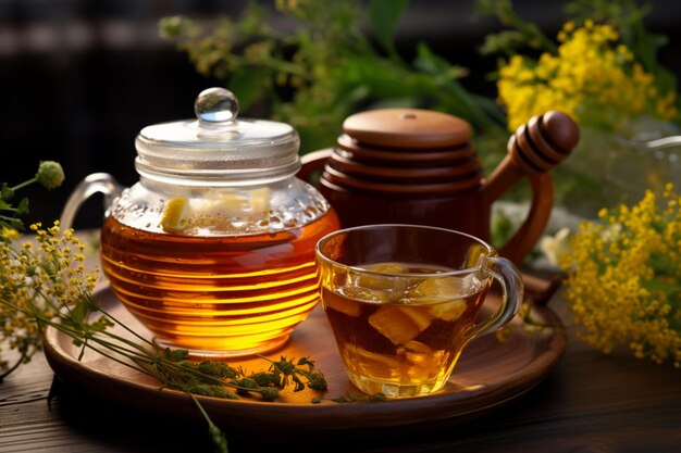 Diverses herbes plateau de grâce théière thé floral pot de miel une composition saine et parfumée