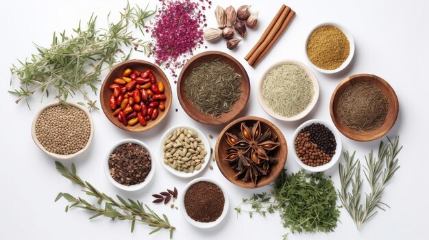 diverses herbes sur une table blanche