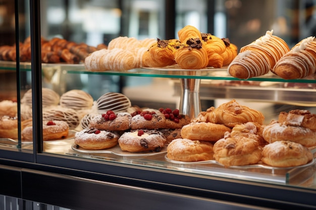 Photo diverses pâtisseries sucrées délicieuses dans la vitrine